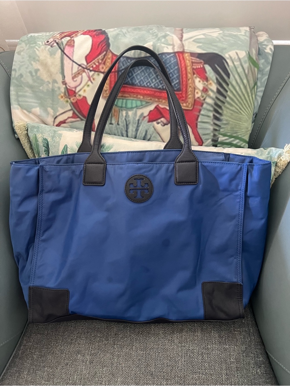 Tory Burch Blue Nylon Tote with Dark Navy Leather Trim—gently loved!
